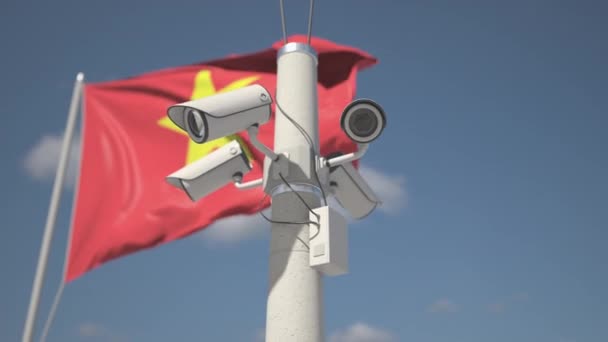 Kamera keamanan luar ruangan di tiang dekat bendera Vietnam. Looping animasi 3d — Stok Video