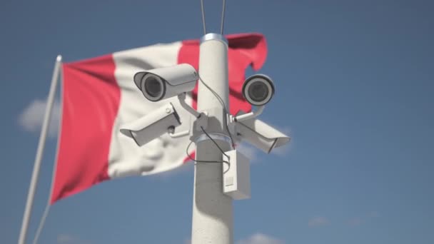 Bandera de Perú y cuatro cámaras de seguridad en el poste, looping animación 3d — Vídeos de Stock