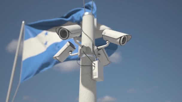 Drapeau du Honduras et quatre caméras de sécurité sur le poteau, animation 3D en boucle — Video