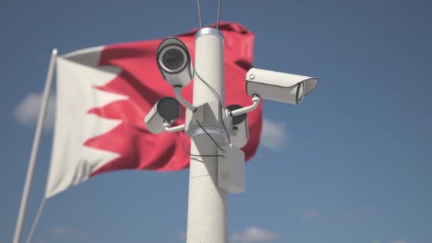 Κυματιστή σημαία του Μπαχρέιν και οι κάμερες ασφαλείας στον στύλο. Looping 3d κινούμενα σχέδια — Αρχείο Βίντεο