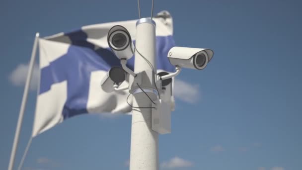 Камеры видеонаблюдения на шесте возле флага Финляндии, зацикленная 3D анимация — стоковое видео