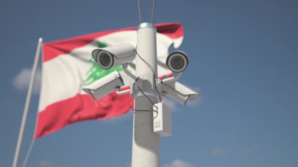 Lübnan bayrağı sallıyor ve direkte güvenlik kameraları var. Döngü 3d canlandırması — Stok video