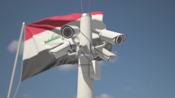 Flag of Iraq and four security cameras on the pole, looping 3d animation — Vídeo de Stock