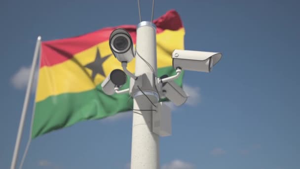 Flag of Ghana and four security cameras on the pole, looping 3d animation — 비디오