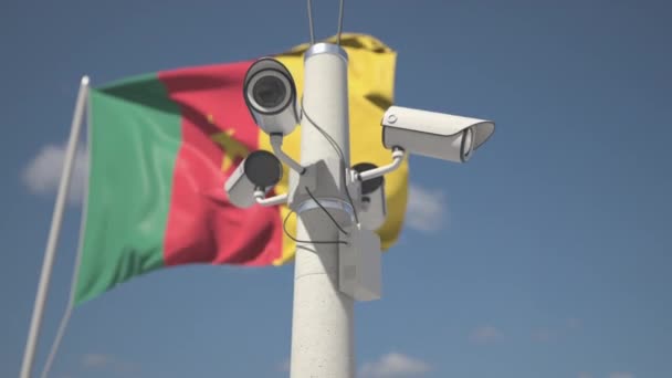 Câmeras de segurança ao ar livre no poste perto da bandeira dos Camarões. Looping animação 3d — Vídeo de Stock