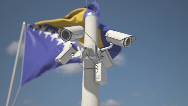 Övervakningskameror på stolpen nära Bosnien och Hercegovinas flagga. Looping av 3D-animation — Stockvideo