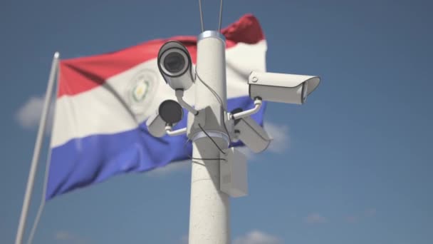 Флаг Парагвая и четыре камеры видеонаблюдения на полюсе, зацикленная 3D анимация — стоковое видео