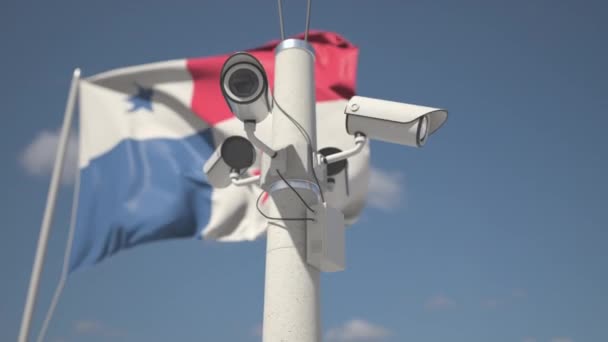 Камеры видеонаблюдения на шесте возле флага Панамы, зацикленная 3D анимация — стоковое видео