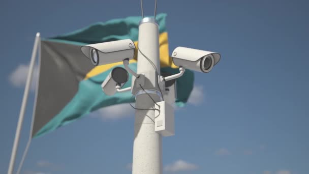 Câmeras de segurança ao ar livre no poste perto da bandeira de Bahamas. Looping animação 3d — Vídeo de Stock