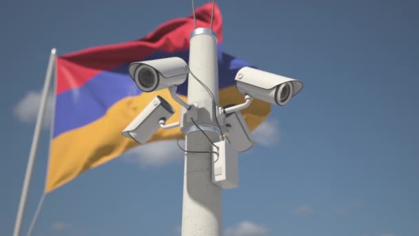 Flagga Armenien och fyra övervakningskameror på stolpen, looping 3D-animation — Stockvideo