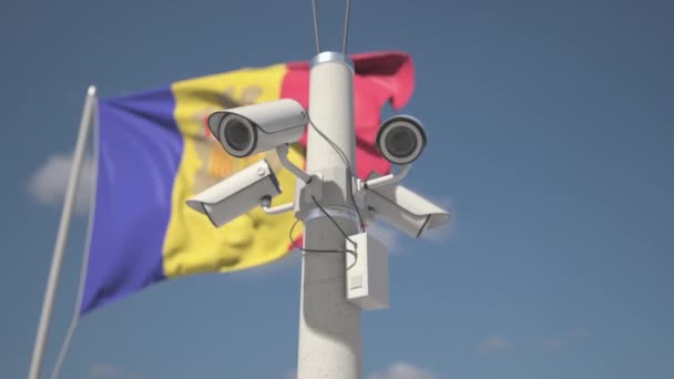 Bandeira ondulada de Andorra e as câmaras de segurança no poste. Looping animação 3d — Vídeo de Stock