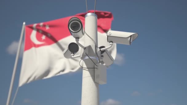 A acenar com a bandeira de Singapura e as câmaras de segurança no poste. Looping animação 3d — Vídeo de Stock