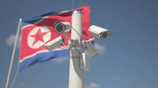 Зовнішні камери спостереження на полюсі біля прапора Північної Кореї. Завантаження 3d анімації — стокове відео