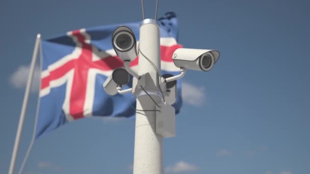 A acenar com a bandeira da Islândia e as câmaras de segurança no poste. Looping animação 3d — Vídeo de Stock