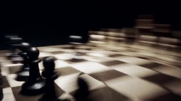 Chessboard in the beginning of the chess game on black background, looping rapidly changing views — Stock Video