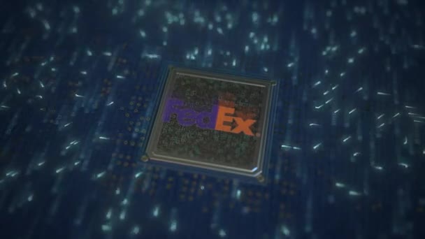 Chip de computador com o logotipo da FEDEX. Editorial conceitual 3d animação — Vídeo de Stock