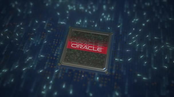 ORACLE SA logo op de chip op het computer bord. Conceptuele redactionele 3D-animatie — Stockvideo