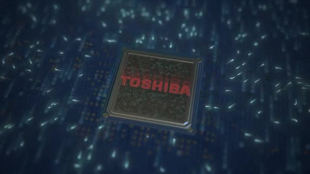 Logo TOSHIBA sur la puce du tableau informatique. Éditorial conceptuel animation 3D — Video