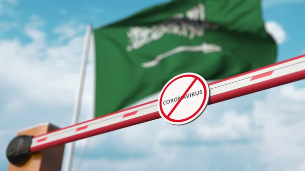Puerta de pluma cerrada con señal de STOP CORONAVIRUS en el fondo de la bandera saudí. Cuarentena en Arabia Saudita. Renderizado 3D —  Fotos de Stock