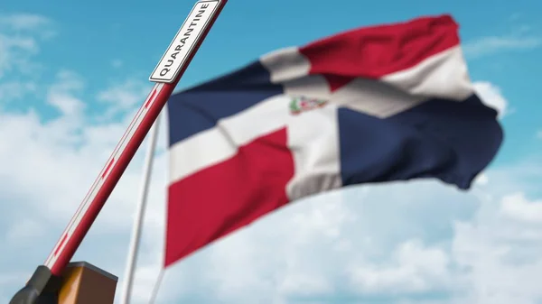 Ανοίξτε την πύλη έκρηξη με QUARANTINE υπογράψει στο φόντο της Δομινικανής σημαίας. Κλείδωμα τέλος στη Δομινικανή Δημοκρατία. 3D απόδοση — Φωτογραφία Αρχείου