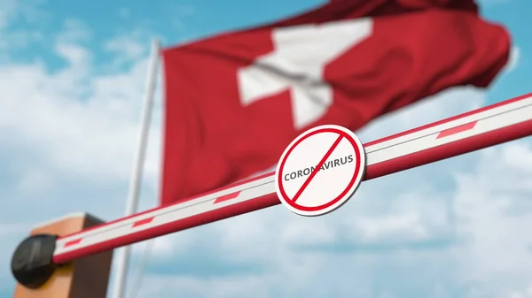Fechando a barreira de lança com STOP CORONAVIRUS assinar contra a bandeira suíça. Quarentena na Suíça. Renderização 3D — Fotografia de Stock