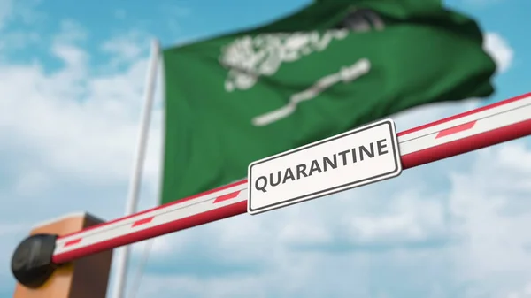 Geschlossenes Auslegertor mit QUARANTINE-Zeichen auf dem Hintergrund der saudi-arabischen Flagge. Grenzschließung oder infektionsbedingte Isolation in Saudi-Arabien — Stockfoto