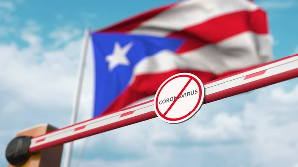 Fermeture de la barrière de flèche avec STOP CORONAVIRUS signe contre le drapeau portoricain. Quarantaine à Puerto Rico. rendu 3D — Photo