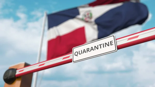 Geschlossenes Auslegertor mit QUARANTINE-Zeichen auf dem Hintergrund der Dominikanischen Flagge. Grenzschließung oder infektionsbedingte Isolation in der Dominikanischen Republik — Stockfoto