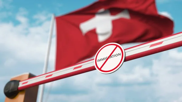 Barrera de auge cerrada con señal de detención de inmigración contra la bandera suiza. Cruce fronterizo restringido o prohibición de inmigración en Suiza. Renderizado 3D — Foto de Stock