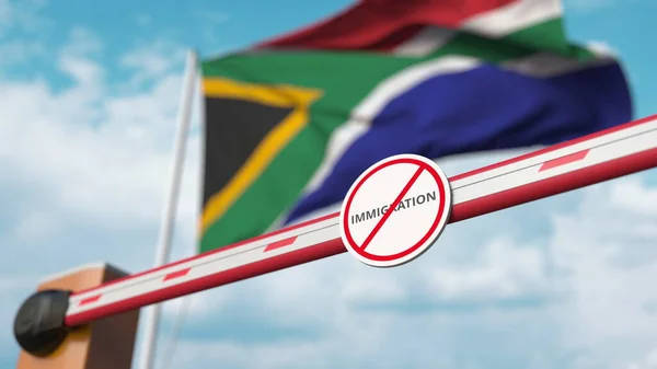 Бар'єрні ворота без жодних імміграційних знаків закриті з прапором Південної Африки як фоном. Південноафриканська заборона на перетин кордону або імміграцію. 3D візуалізація — стокове фото