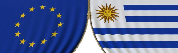Politische Zusammenarbeit oder Konflikt zwischen der EU und Uruguay, Flaggen und das Schließen oder Öffnen von Reißverschlüssen, konzeptionelle 3D-Darstellung — Stockfoto