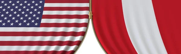 United States and Peru political cooperation or conflict, flags and closing or opening zipper, conceptual 3D rendering — Stock Photo, Image