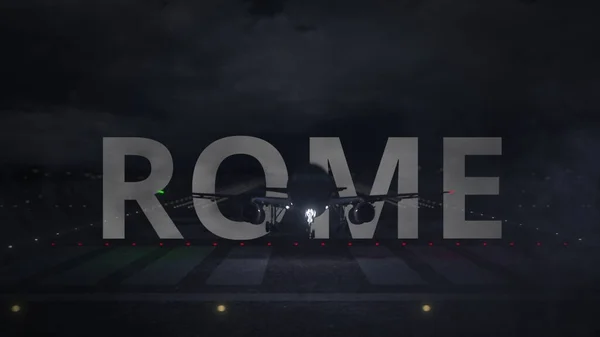 เครื่องบินพาณิชย์ขึ้นจากรันเวย์สนามบินและข้อความ ROME, 3D — ภาพถ่ายสต็อก