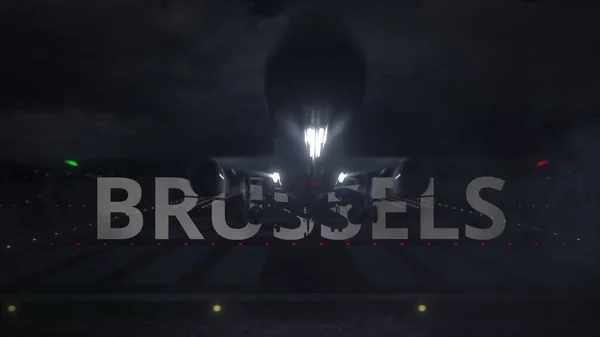 Obchodní letadlo vzlétá z letištní dráhy a textu BRUSSELS, 3D vykreslování — Stock fotografie