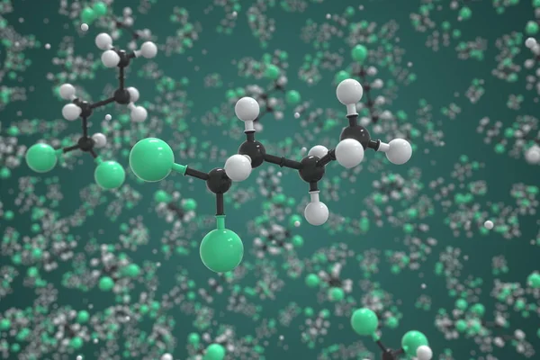 Молекула дихлорбутана, молекулярная модель шариков и палок. Химический трехмерный рендеринг — стоковое фото