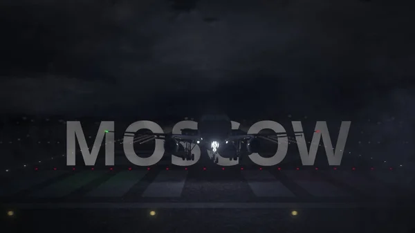 MOSCOW nome da cidade e avião decolando do aeroporto à noite. Renderização 3d — Fotografia de Stock