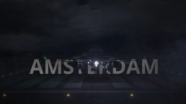 Letadlo vzlétá z letiště s názvem města AMSTERDAM, 3D vykreslování — Stock fotografie