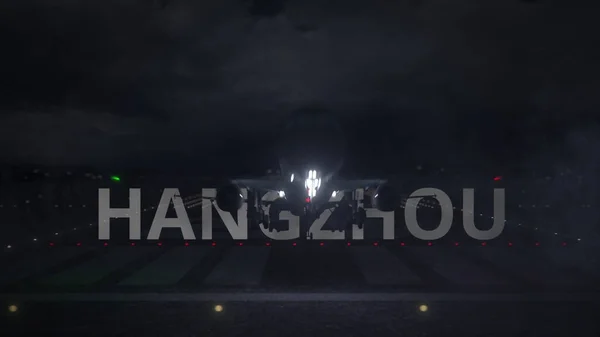 Avião decolando do aeroporto e nome da cidade de HANGZHOU. Renderização 3d — Fotografia de Stock