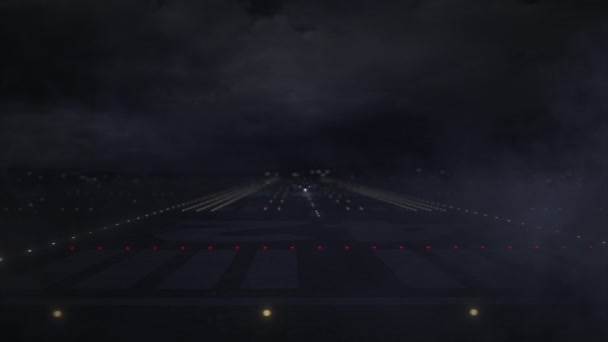 CASABLANCA text and commercial aircraft taking off from the airport runway at night, 3d animation — 图库视频影像