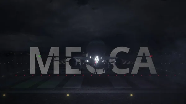Vliegtuig opstijgen vanaf de luchthaven met de naam MECCA stad, 3d rendering — Stockfoto