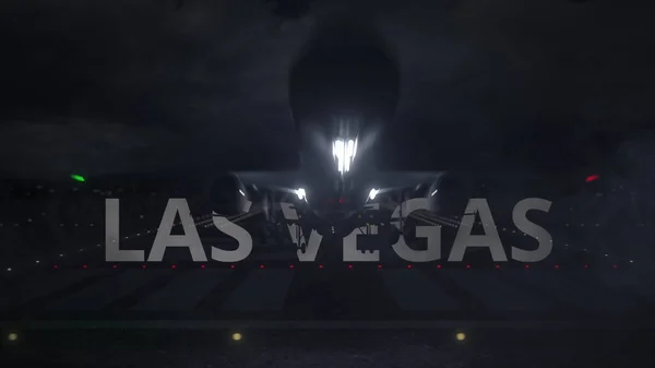 LAS VEGAS text and commercial plane taking off from the airport runway at night, 3d rendering — Stock Photo, Image