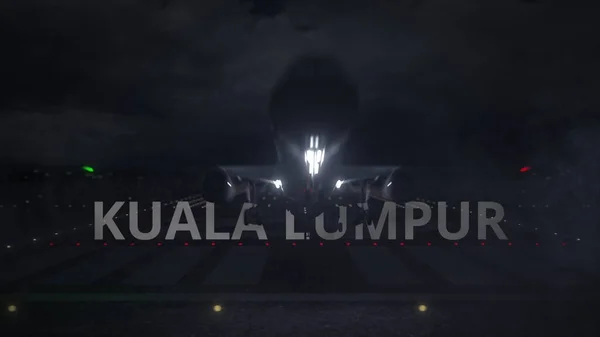 Pesawat lepas landas dari bandara dengan nama kota KUALA LUMPUR, 3d rendering — Stok Foto
