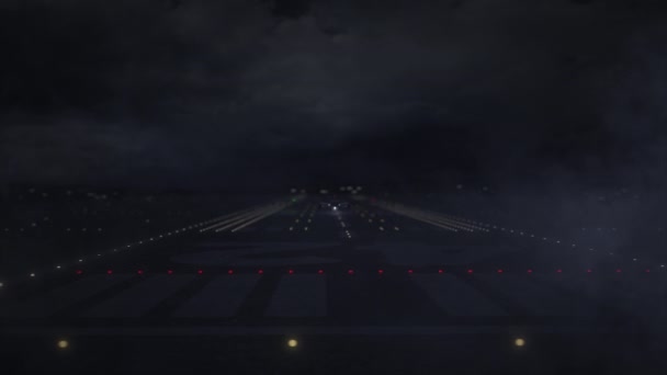 밤에 공항 활주로에서 이 륙하는 파리 문자와 상업용 비행기 , 3d 애니메이션 — 비디오