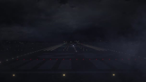 FUKUOKA 텍스트 및 상업용 비행기 밤에 공항 활주로에서 이륙 , 3d 애니메이션 — 비디오