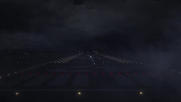 PRAGA texto y avión comercial despegando de la pista del aeropuerto por la noche, animación 3d — Vídeo de stock