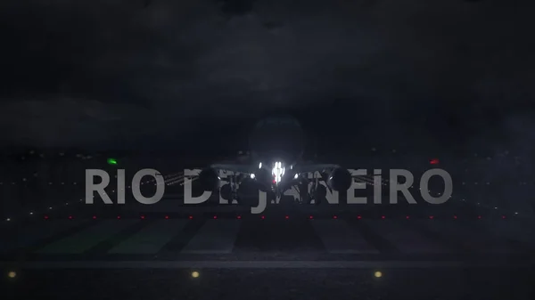 RIO DE JANEIRO text and commercial aircraft taking off from the airport runway at night, 3d rendering — 图库照片