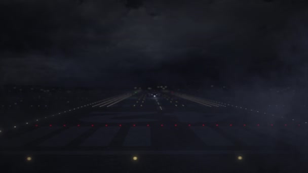 Текст і комерційний літак BRASILIA злітають з злітно-посадкової смуги аеропорту вночі, 3d анімація — стокове відео