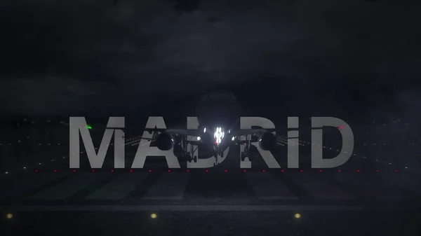 Plane злітає з аеропорту і назва міста MADRID. 3d рендеринг — стокове фото