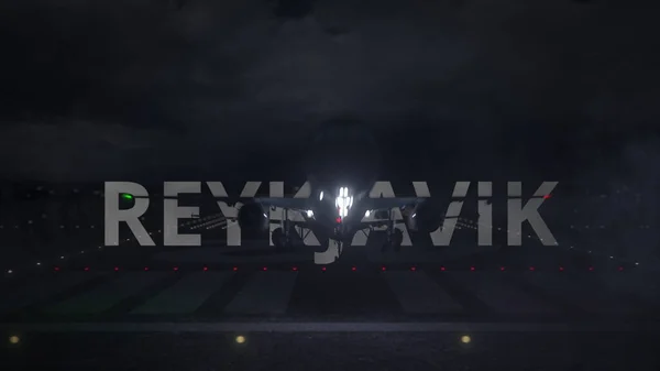 Aereo in decollo dall'aeroporto e il nome della città REYKJAVIK. rendering 3d — Foto Stock