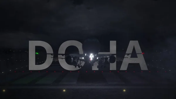 Aereo commerciale in decollo dalla pista dell'aeroporto e testo DOHA, rendering 3d — Foto Stock
